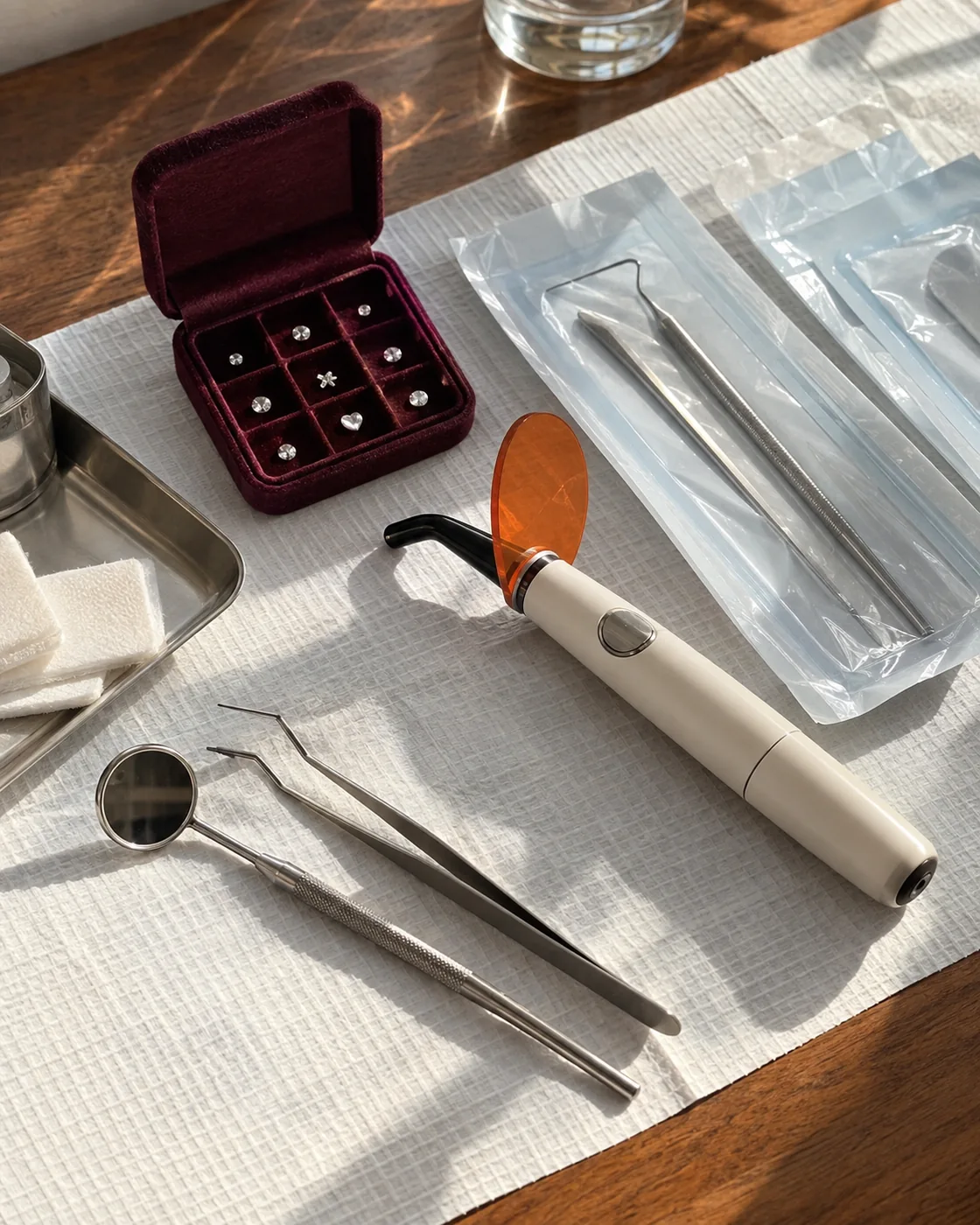 A portable gem kit arranged on a protected wooden table.